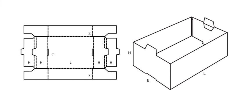 Krempelverpackung Fefco 0435 mit Stapelnase technische Zeichnung